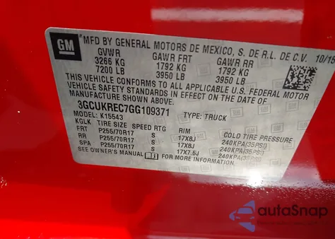 2016 Chevrolet Silverado 1500 1Lt из США, поврежденный, VIN 3GCUKREC7GG109371